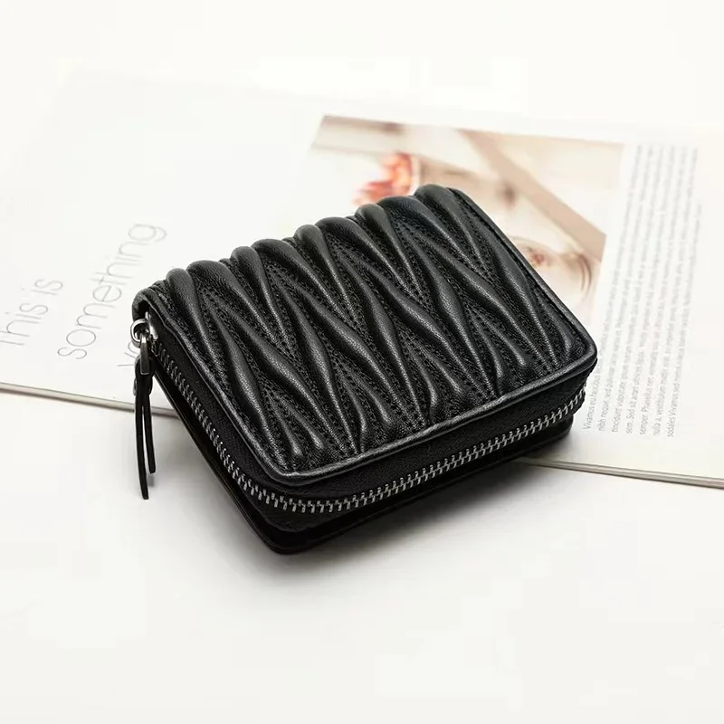 Genuine Lambskin Fold Design Ladies Short Wallet Sheep Leather Women Fashion Trendy Card Holders Coin Purse Wallet Zipper Poucht