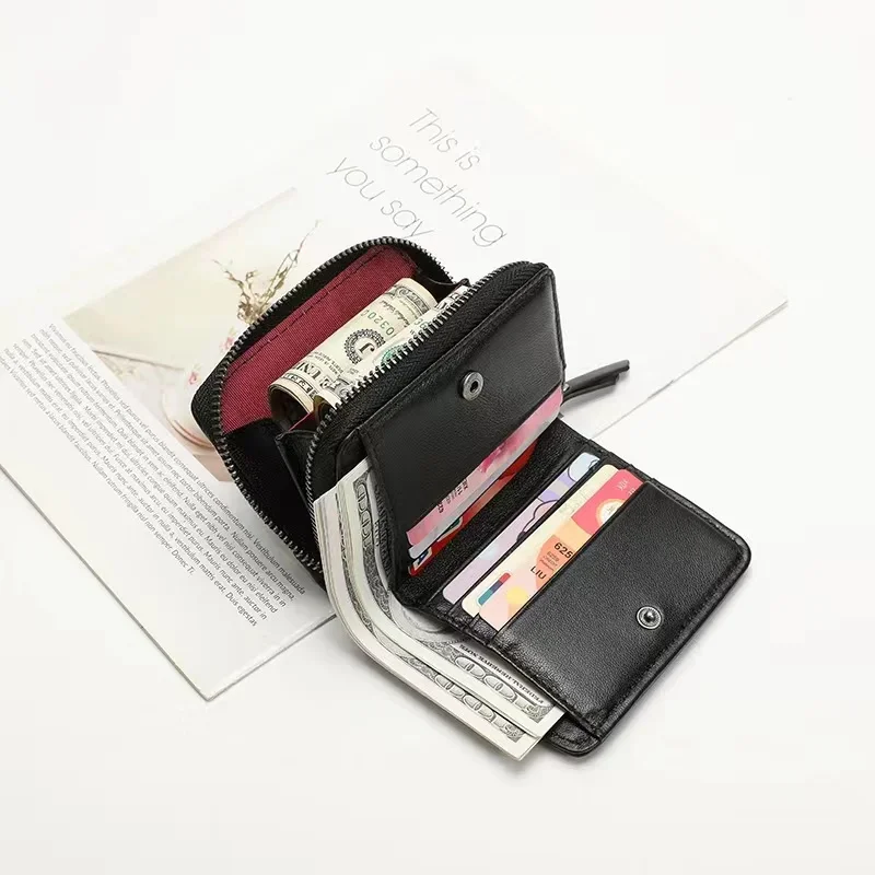 Genuine Lambskin Fold Design Ladies Short Wallet Sheep Leather Women Fashion Trendy Card Holders Coin Purse Wallet Zipper Poucht