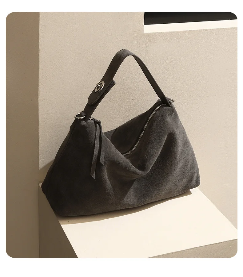 Genuine Grade Autumn Winter Big Boston Luxury Designer Tote Soft Matte Suede Leather Women Handbag Female Shoulder Crossbody Bag