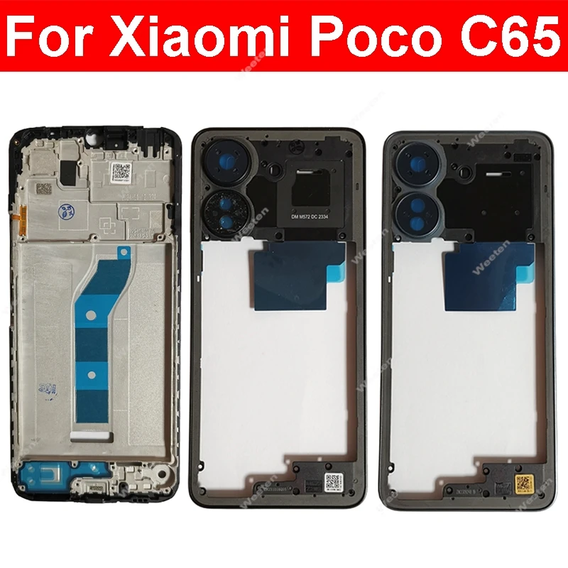 LCD Middle Frame Housing For Xiaomi Poco C65 With NFC Back Cover Housing Front Frame Chassis with Volume Buttons Repair Parts