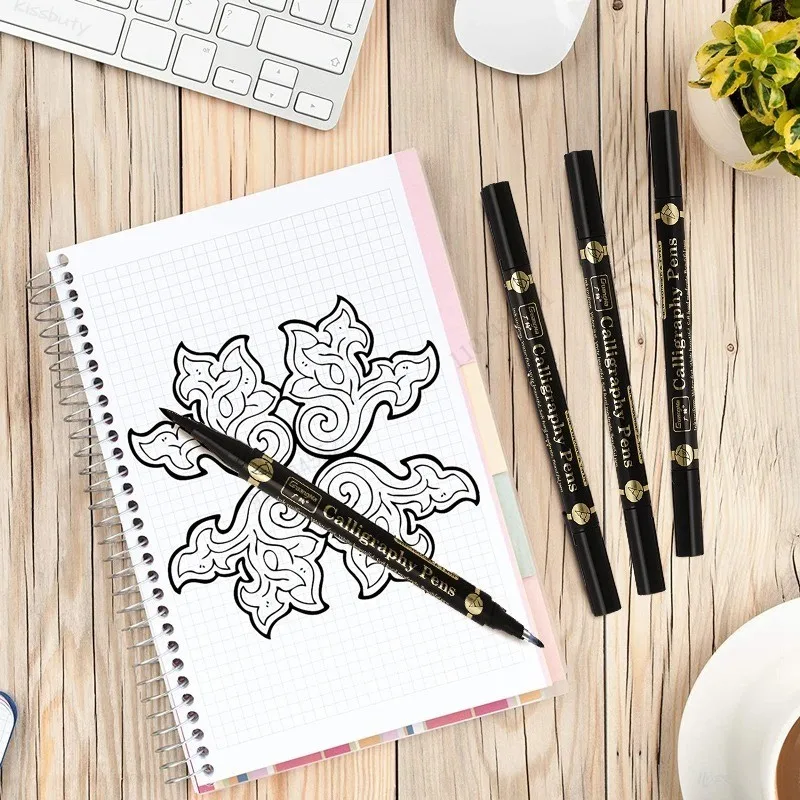 GN 3/6PCS Dual Tip Pen Black Calligraphy Brush Pen Lettering Pens Art Marker White Pen Beginners Writing Sketches Art Drawings