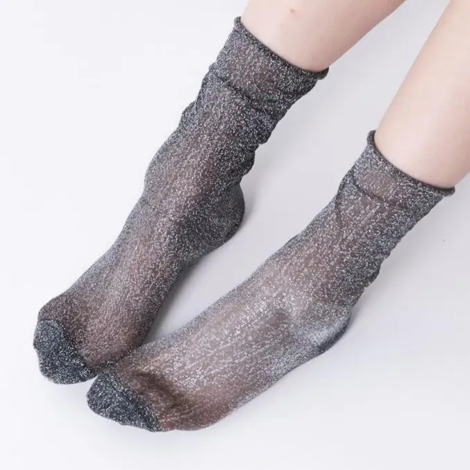 4 Pairs Women's Fashion sexy shiny Glitters Korean style silver silk socks Luxury design High Quality Women's Mesh Thin socks