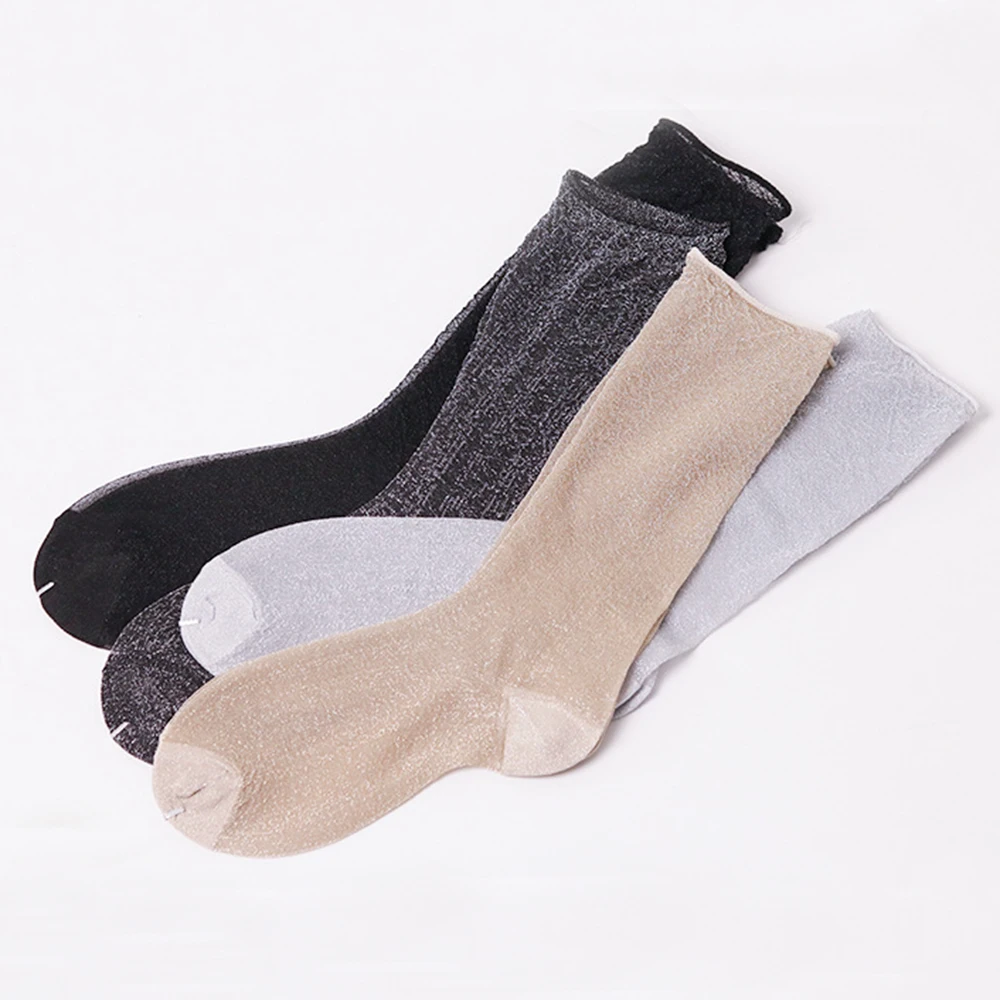 4 Pairs Women's Fashion sexy shiny Glitters Korean style silver silk socks Luxury design High Quality Women's Mesh Thin socks
