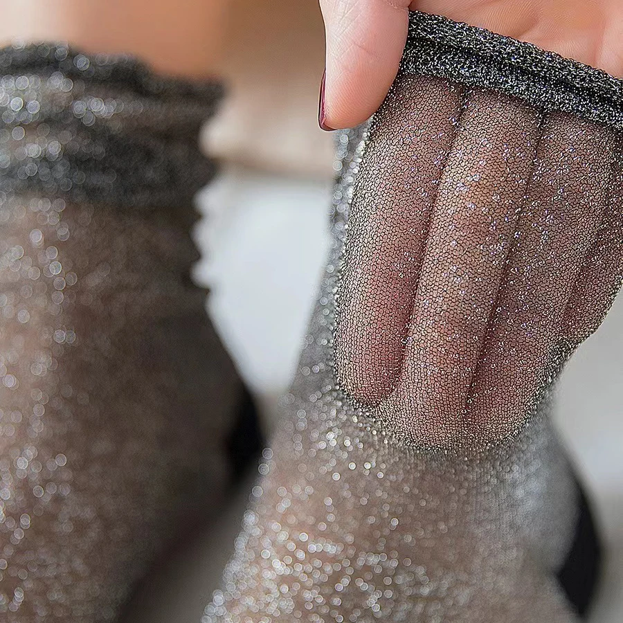 4 Pairs Women's Fashion sexy shiny Glitters Korean style silver silk socks Luxury design High Quality Women's Mesh Thin socks