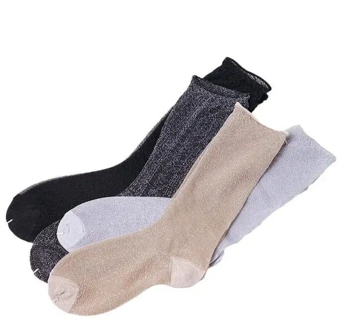 4 Pairs Women's Fashion sexy shiny Glitters Korean style silver silk socks Luxury design High Quality Women's Mesh Thin socks