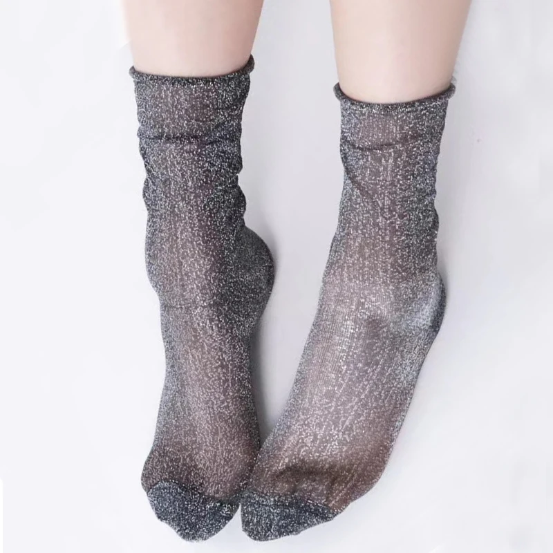 4 Pairs Women's Fashion sexy shiny Glitters Korean style silver silk socks Luxury design High Quality Women's Mesh Thin socks