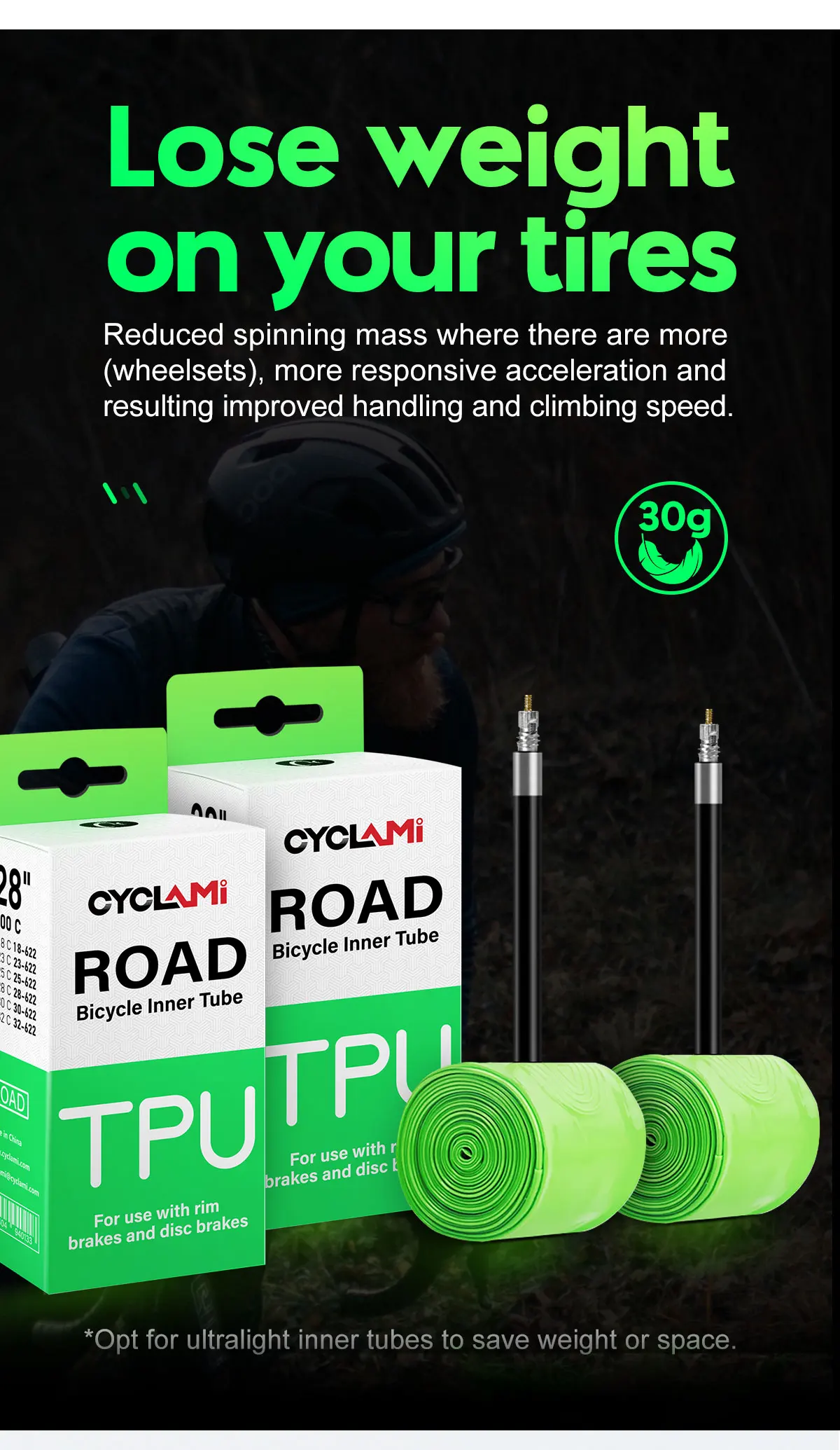 CYCLAMI TPU Material Ultralight Bike Inner Tube 700C 18 32 Road MTB Bicycle Tire 45 65 mm Length French Valve Tyre Repair Tools