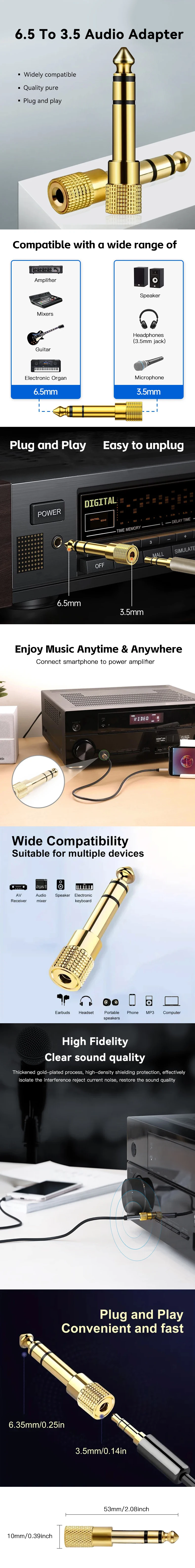 liulz Jack 6.5 6.35mm Male Plug to 3.5mm Female Connector Gold Plating Headphone Microphone AUX Audio Plug