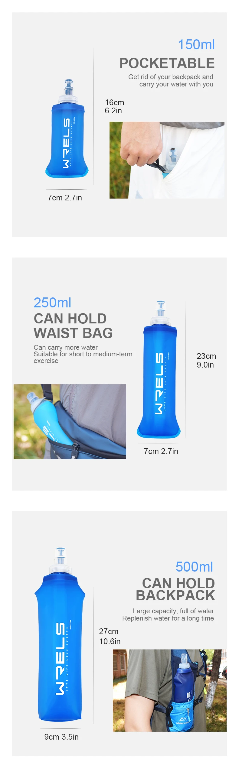 WRELS Folding Water Bottle TPU BPA-Free Collapsible Soft Flask Outdoor Sport Hiking Camping Running Portable Soft Water Bottle