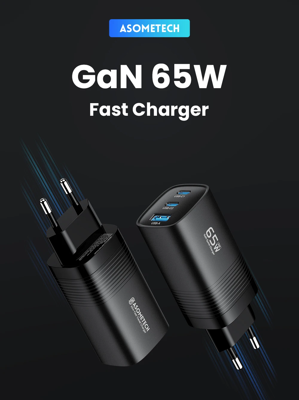 ASOMETECH GaN USB Type C Charger 65W 45W PPS PD QC4.0 Quick Charger For Macbook Laptop IPAD Tablet iPhone 16 Samsung S23 Ultra