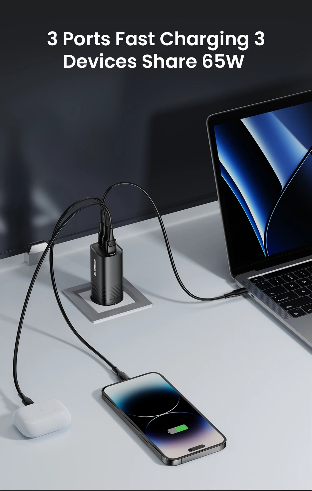 ASOMETECH GaN USB Type C Charger 65W 45W PPS PD QC4.0 Quick Charger For Macbook Laptop IPAD Tablet iPhone 16 Samsung S23 Ultra