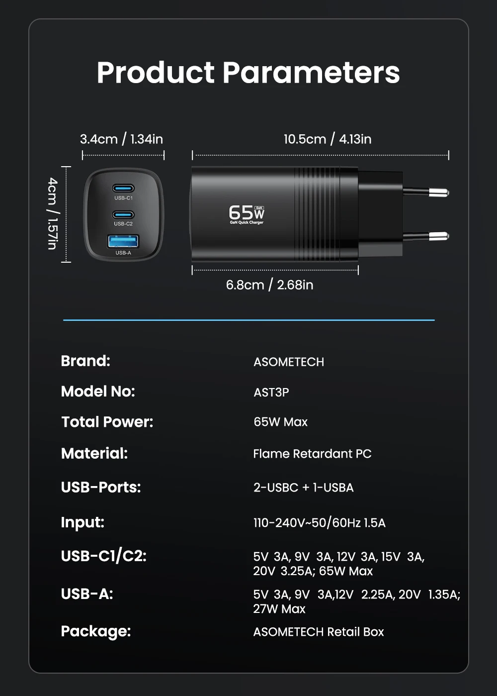 ASOMETECH GaN USB Type C Charger 65W 45W PPS PD QC4.0 Quick Charger For Macbook Laptop IPAD Tablet iPhone 16 Samsung S23 Ultra
