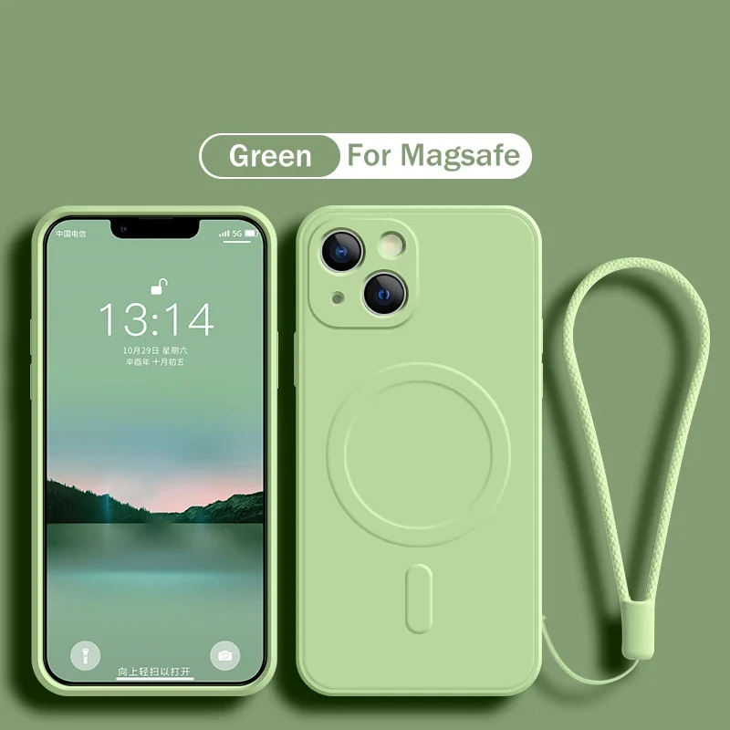 For Magsafe Magnetic Wireless Charge Case for IPhone 15 16 14 13 12 11 Pro Max Mini XR XS Plus Soft Liquid Silicone Strap Cover