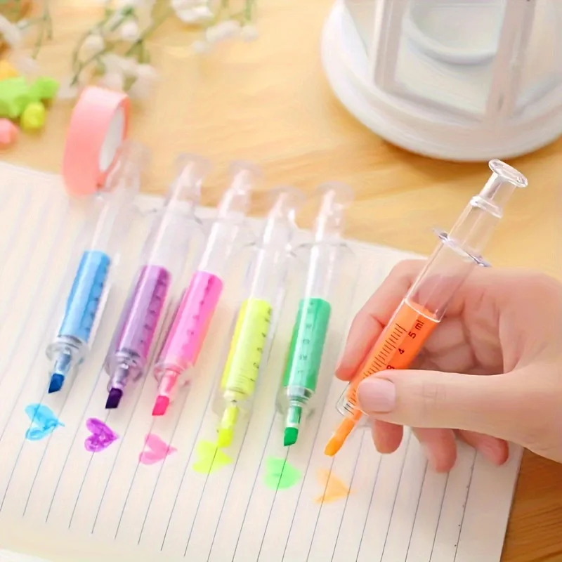 6pcs Color Highlighters And Syringes Fluorescent Needles Watercolor Syringes Highlighters For Office School Marker Writing Tools