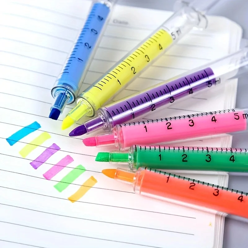 6pcs Color Highlighters And Syringes Fluorescent Needles Watercolor Syringes Highlighters For Office School Marker Writing Tools