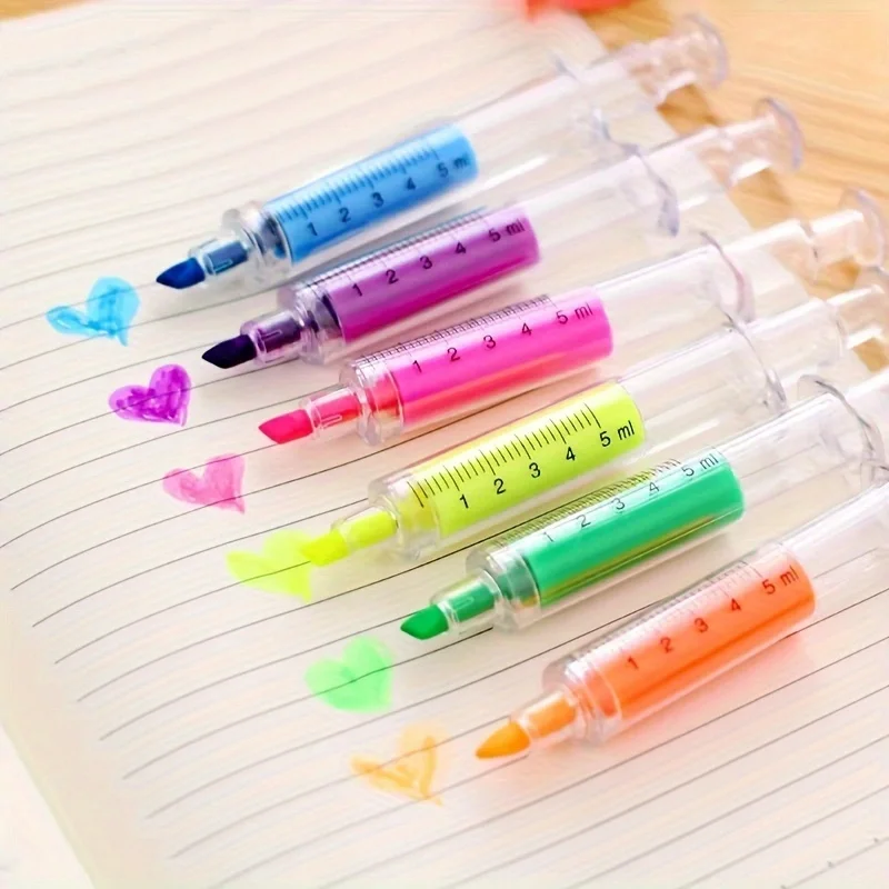 6pcs Color Highlighters And Syringes Fluorescent Needles Watercolor Syringes Highlighters For Office School Marker Writing Tools