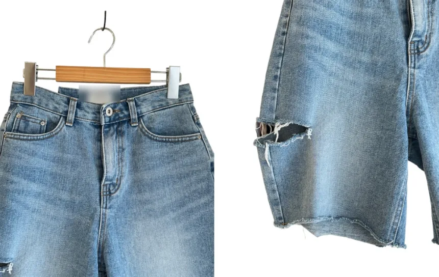 New 2024 Summer Denim Shorts For Women High Waist Hole Washed Half Length Bermuda Shorts Women Korean Style Short Jeans