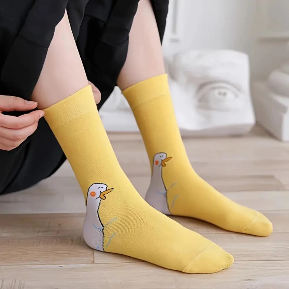 1/6 Pairs Cartoon Women Socks Fashionable And Versatile Cute Design Funny Goose Breathable Soft Comfortable Women Casual Socks