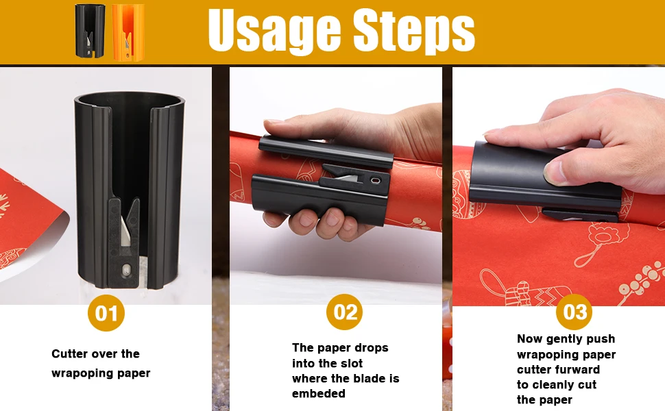 HORN Sliding Wrapping Paper Cutter - Easy-Glide Gift Wrap Trimmer for Christmas & Birthdays, Durable ABS,, Orange/Black