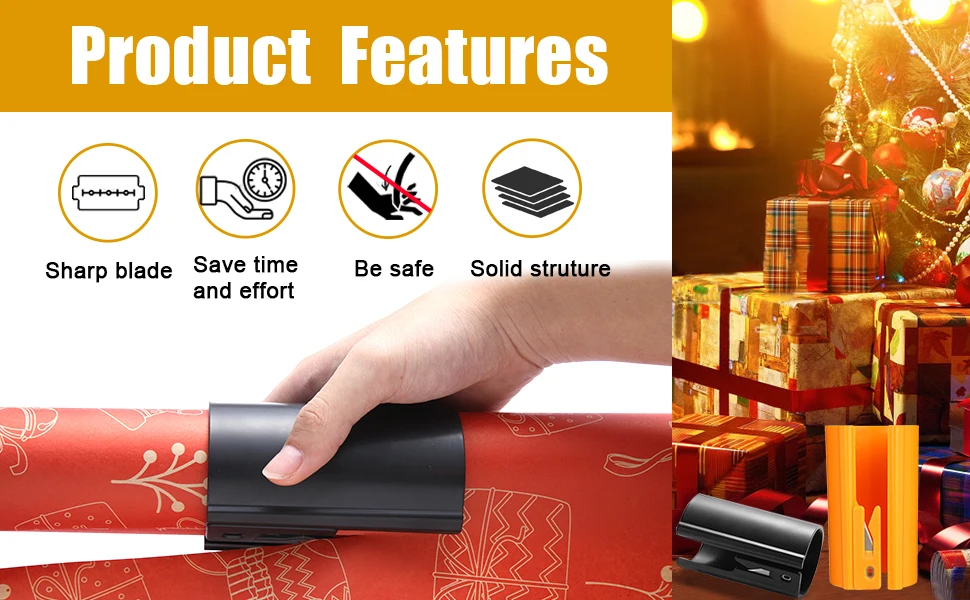HORN Sliding Wrapping Paper Cutter - Easy-Glide Gift Wrap Trimmer for Christmas & Birthdays, Durable ABS,, Orange/Black