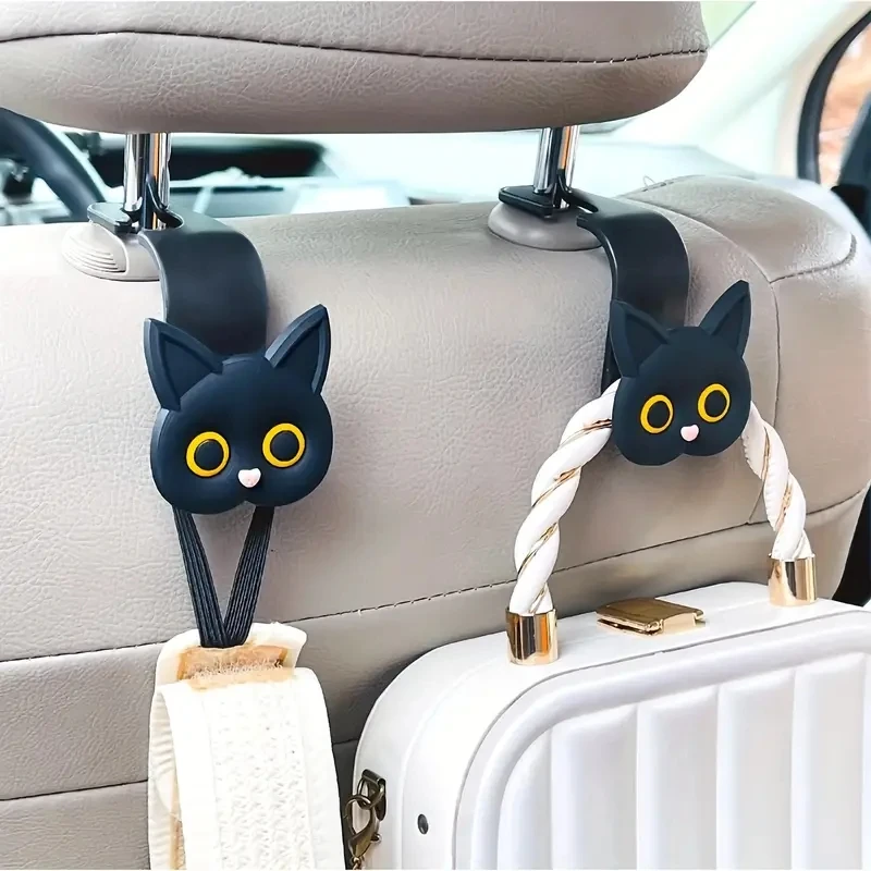 2pcs Adorable 3D Cartoon Cat Car Seat Headrest Hooks - Universal Vehicle Storage Organizer for Handbags, Purses, Coats - Cute Ca