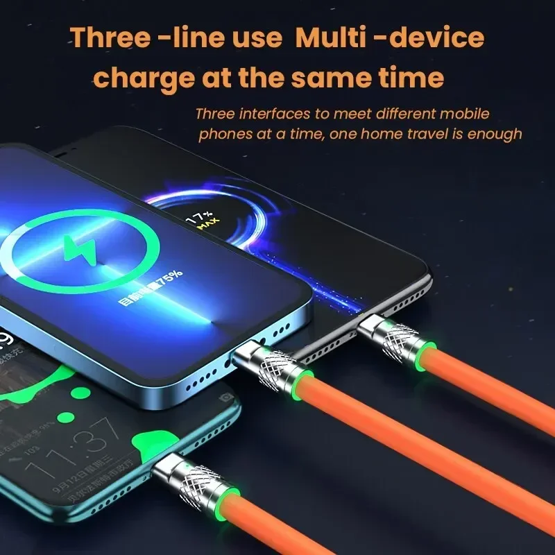 120W 6A Fast Charging C Type Cable Micro3 in 1 Micro USB iPhone Charging Cable Samsung Huawei Xiaomi Phone Charger USB Cable