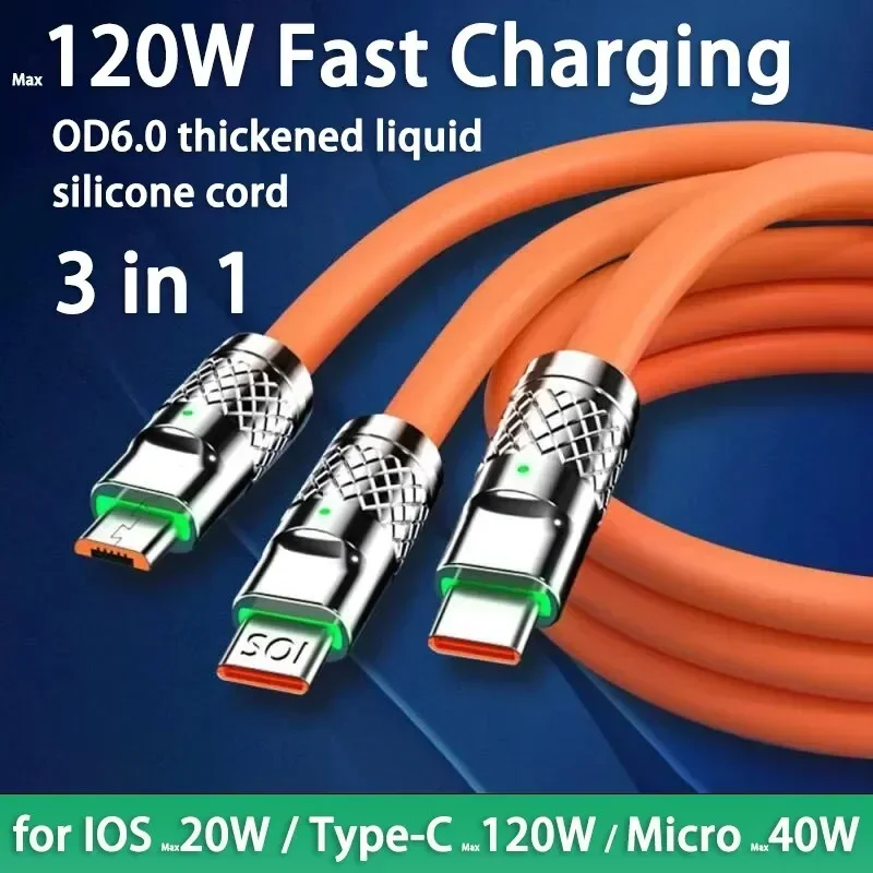 120W 6A Fast Charging C Type Cable Micro3 in 1 Micro USB iPhone Charging Cable Samsung Huawei Xiaomi Phone Charger USB Cable