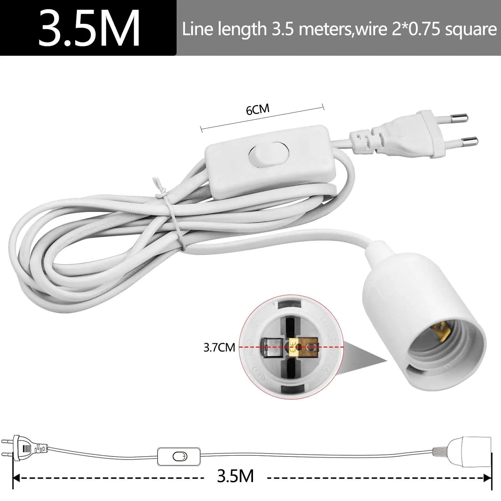 EU Plug 3.5m 6m Power Cord Cables E27 Lamp Base Holder With Switch Wire For Pendant Led Bulbs Fixture Hanglamp Suspension Socket