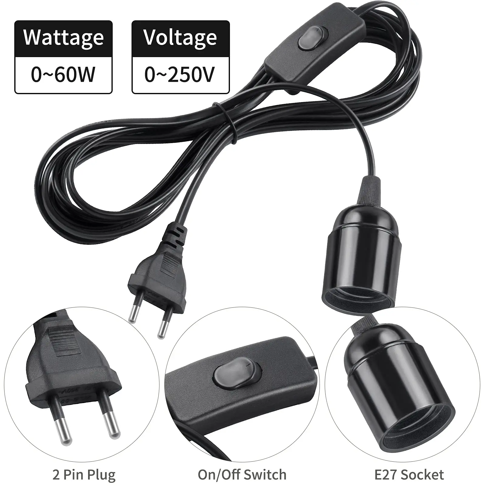 EU Plug 3.5m 6m Power Cord Cables E27 Lamp Base Holder With Switch Wire For Pendant Led Bulbs Fixture Hanglamp Suspension Socket
