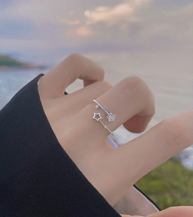 925 Sterling Silver Star Crytal Ring for Women Girl Personality Simple Adjustable Exquisite Jewelry Dropshippipng Gift
