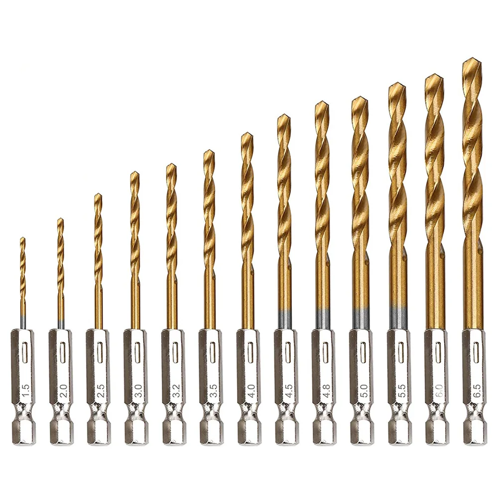 STONEGO 13PCS 1.5mm-6.5mm Drill Bit Set Titanium Coated High Speed Steel Hex Shank Hole Opener For Wood Plastic Aluminum
