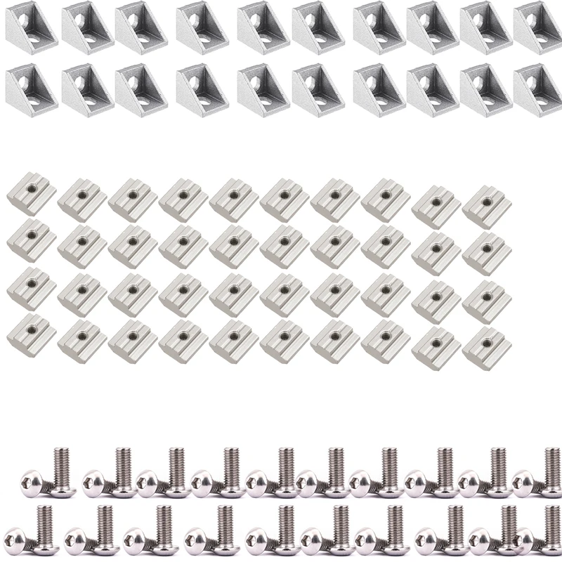 2020 Aluminum Profile Connector Set 20pcs Corner Bracket + 40pcs M5x8mm Hex Socket Cap + 40pcs 20 Series M5 T-slot Nuts