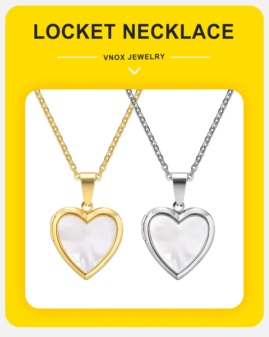 Vnox Women Locket Necklaces, Openable Heart Pendants, Stainless Steel Shell Photo Frame Necklace