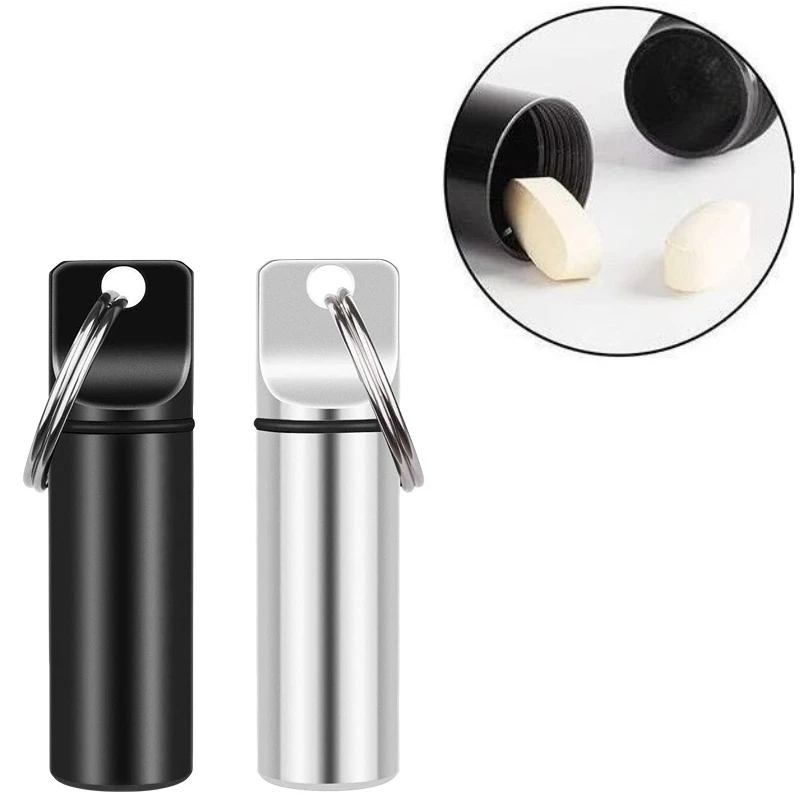 Aluminum Waterproof Pill Box Cases with Sealed Storage, Flat Head, Round Alloy Cartridge and Keychain for Vitamin Fish Oils