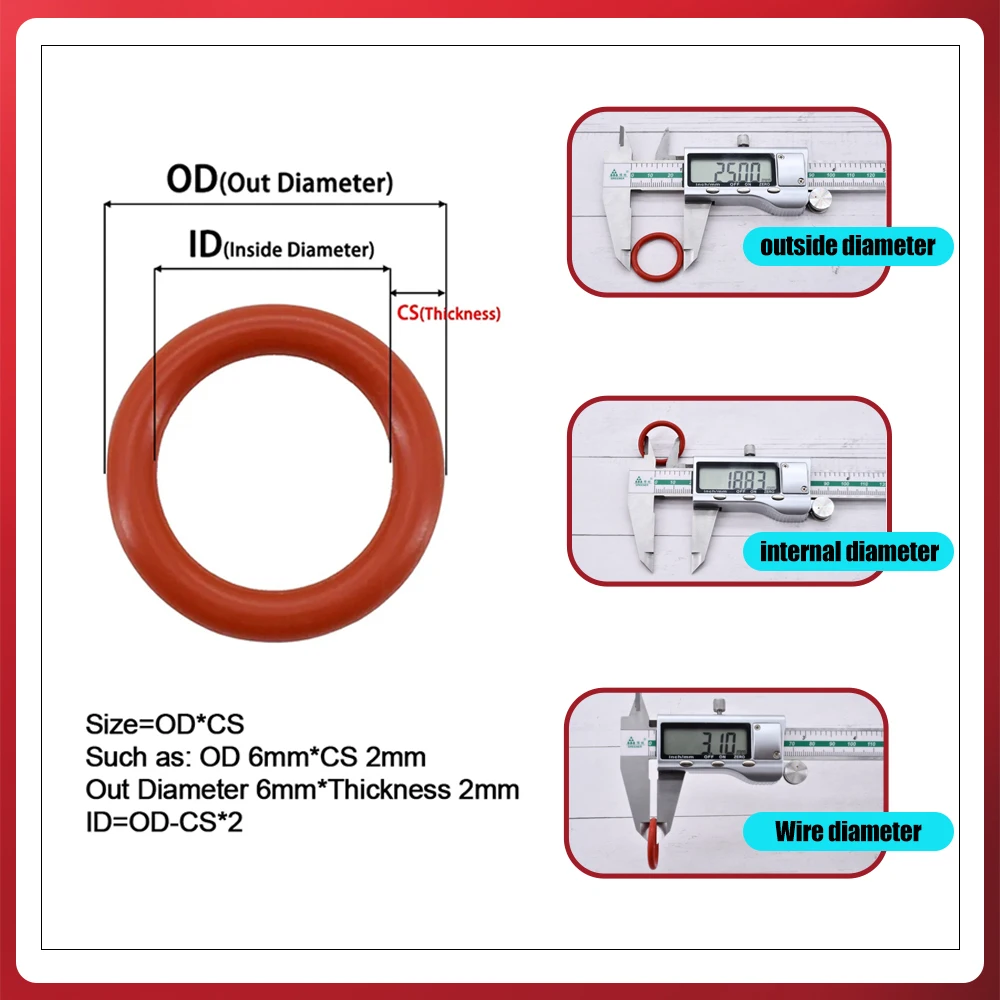 CS 1/1.5/2.0/2.4/3.1 Silicone O Ring Sealing Washer Red VMQ O-ring Plumbing Gaskets Oil Resistant High Temperature Oring Kit