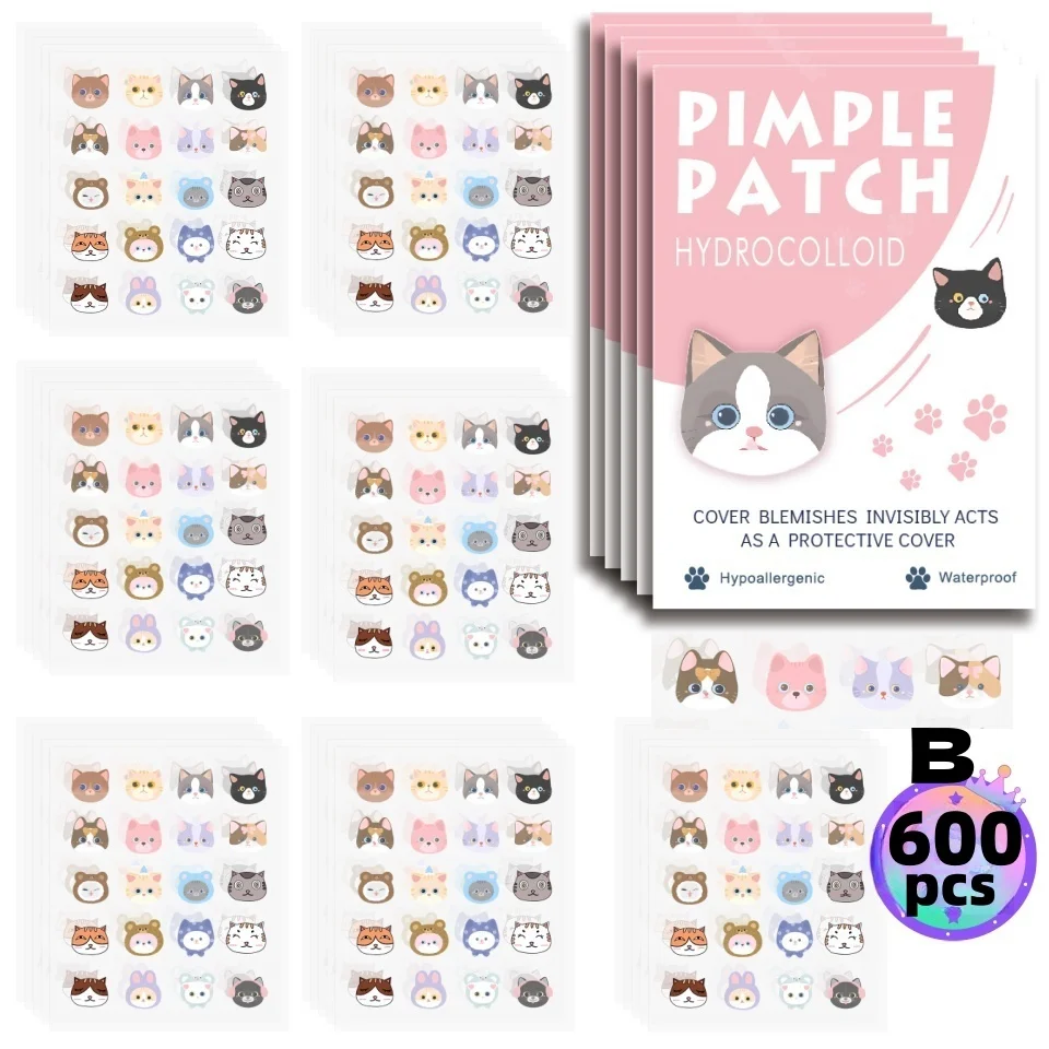 600pieces of cartoon cat acne patches, facial acne patches, concealer acne patches, and pimples patches. Ultra-thin and breathab