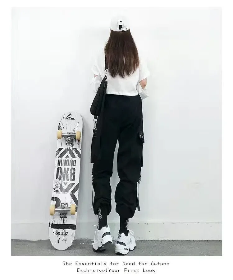 Black Casual Pants for Women in Spring Autumn Korean Style Ins Hip-Hop Student Loose High-Waisted Slim Legged Cargo Pants Trendy
