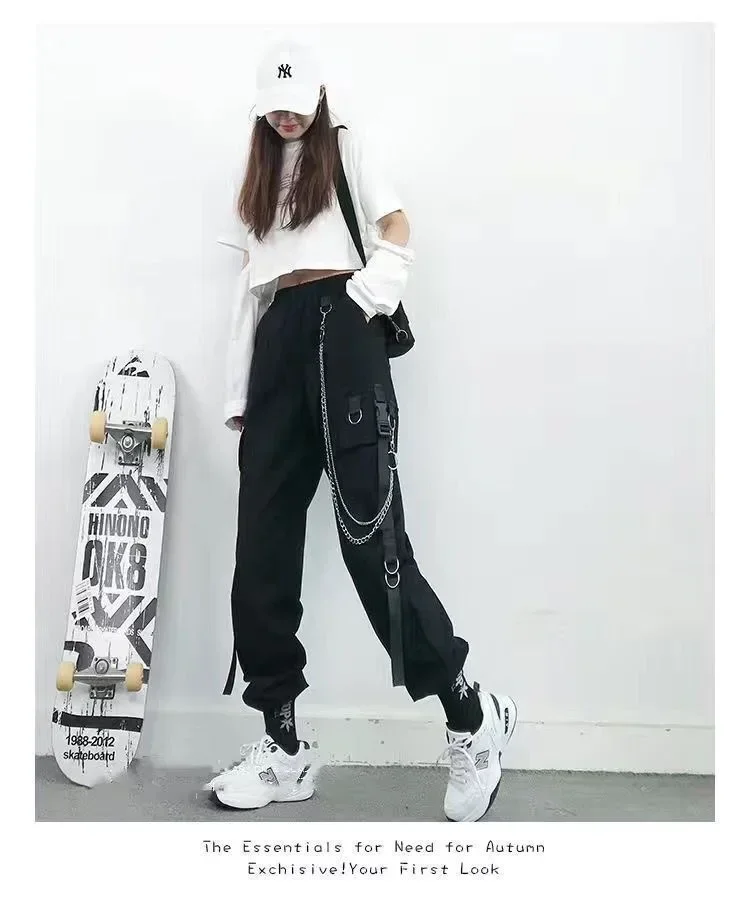 Black Casual Pants for Women in Spring Autumn Korean Style Ins Hip-Hop Student Loose High-Waisted Slim Legged Cargo Pants Trendy