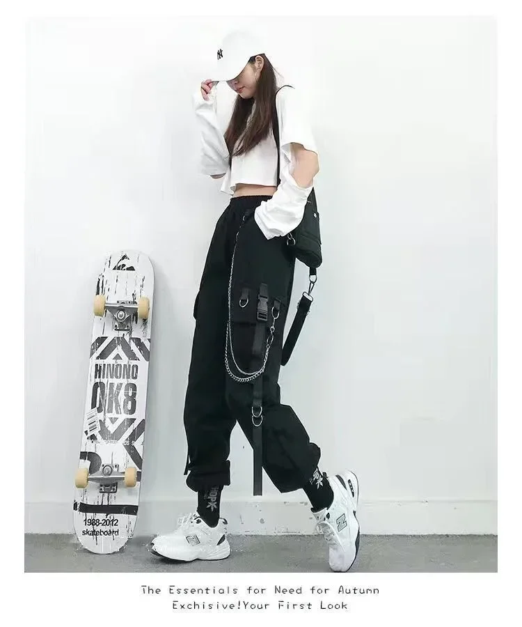 Black Casual Pants for Women in Spring Autumn Korean Style Ins Hip-Hop Student Loose High-Waisted Slim Legged Cargo Pants Trendy