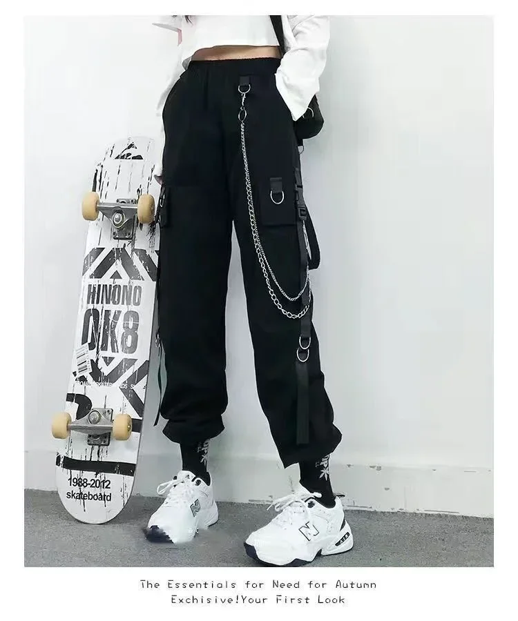 Black Casual Pants for Women in Spring Autumn Korean Style Ins Hip-Hop Student Loose High-Waisted Slim Legged Cargo Pants Trendy