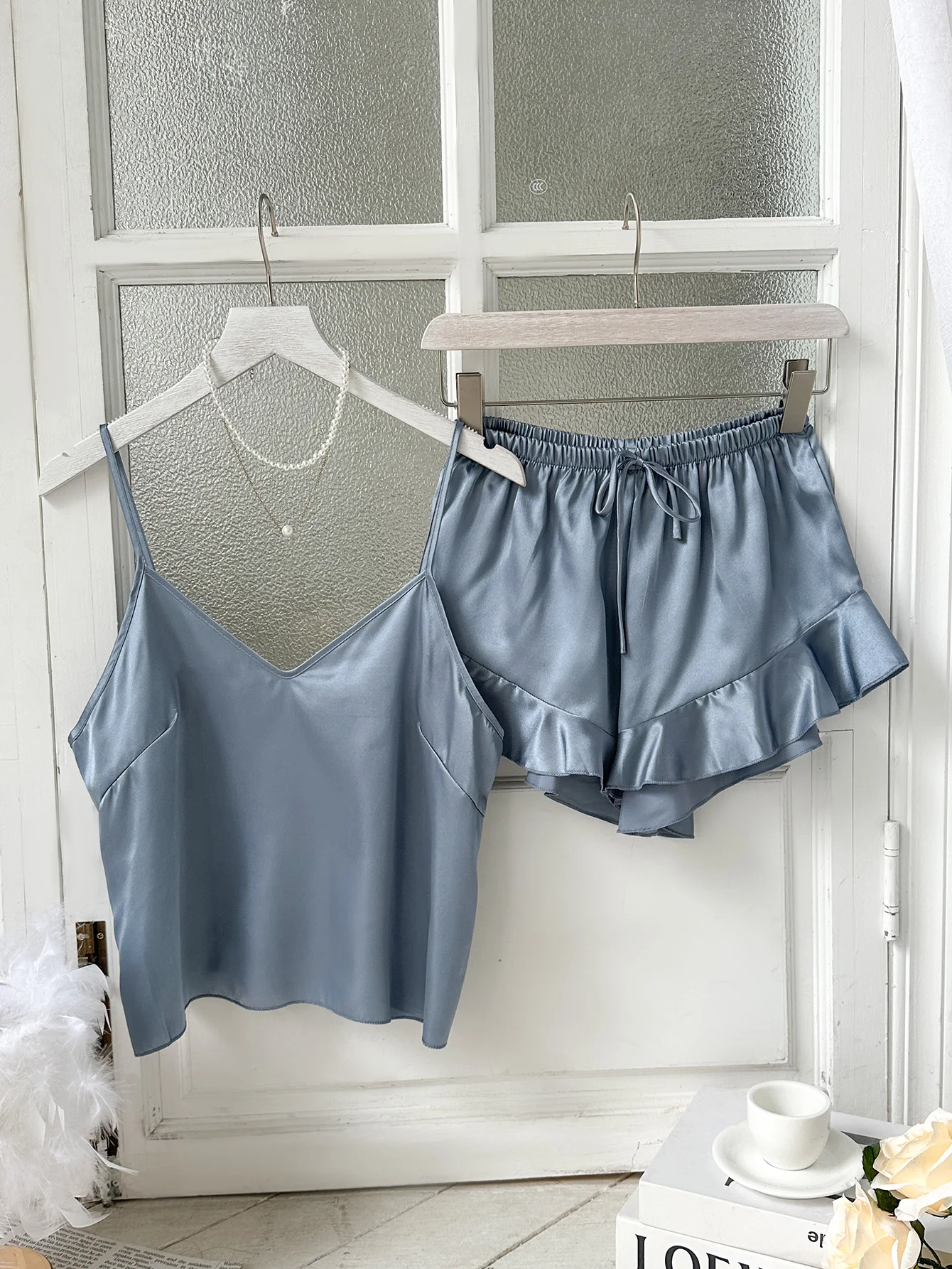 Summer Women's Satin Pajamas Loose Casual V-Neck Top With Ruffled Shorts Thin Home Wear