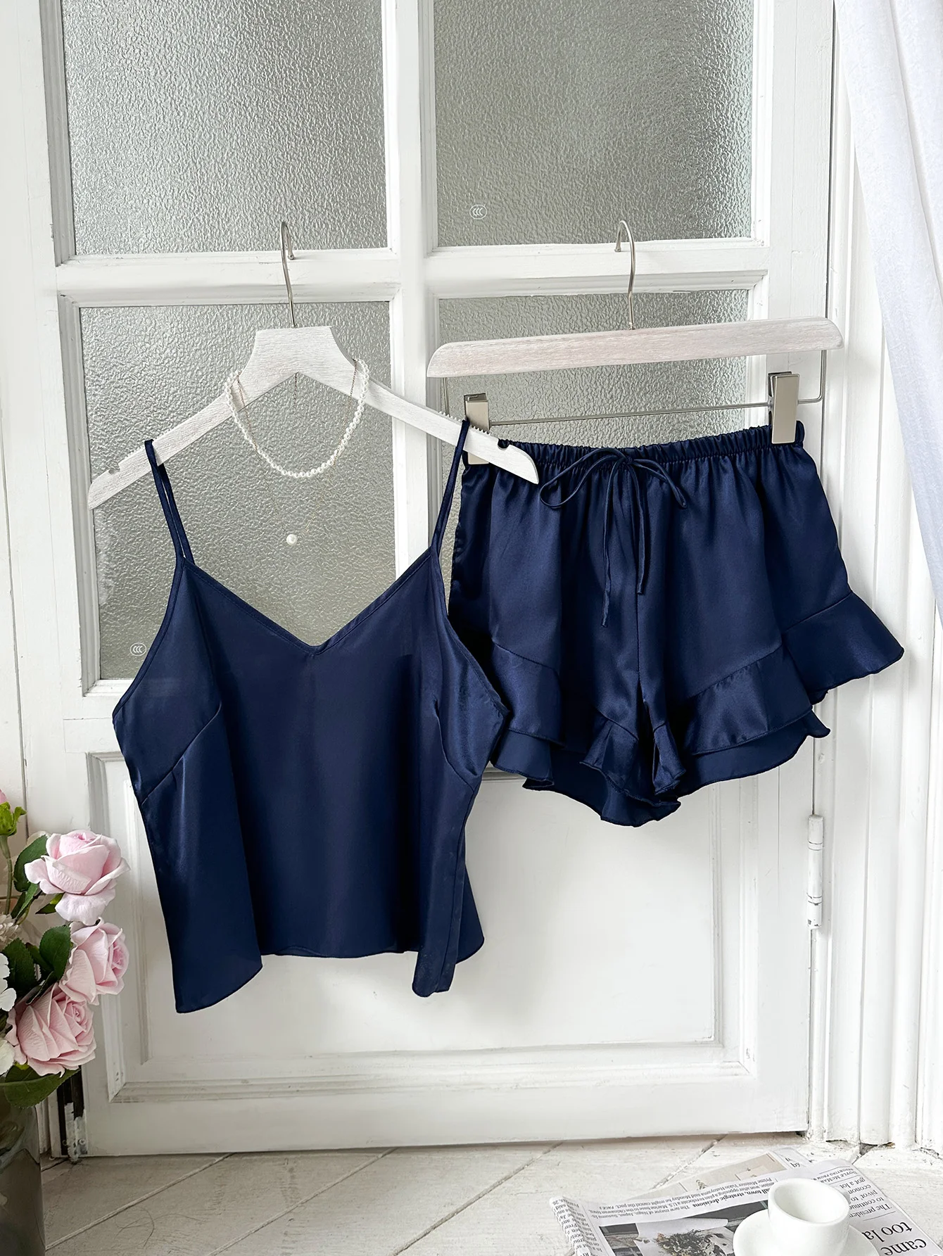 Summer Women's Satin Pajamas Loose Casual V-Neck Top With Ruffled Shorts Thin Home Wear