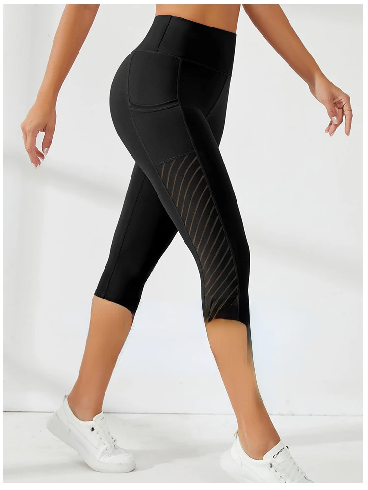 Mesh Yoga Shorts Female High Waist Pocket Sport Shorts Push Up Butt Workout Running Quick Drying and Breathable Casual Shorts