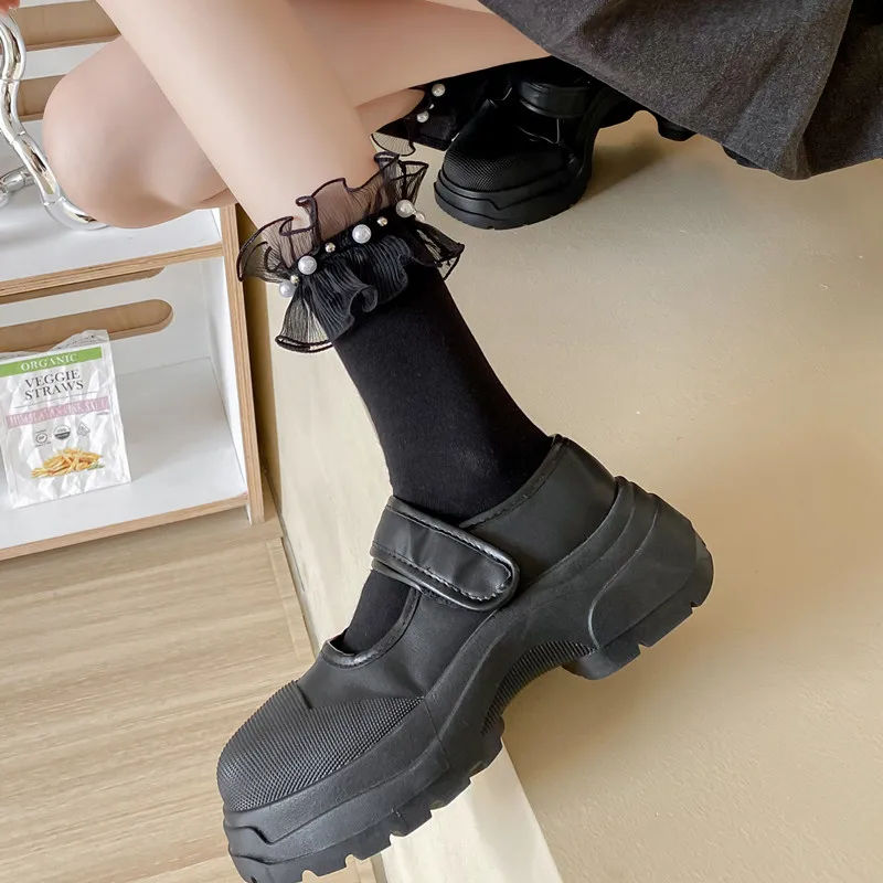Wpmem's Summer Spring Cotton French Sweet Style JK Lace Midtube Socks Organza Fashion Wooden Ear Pile Pile Socks Pearl Stockings