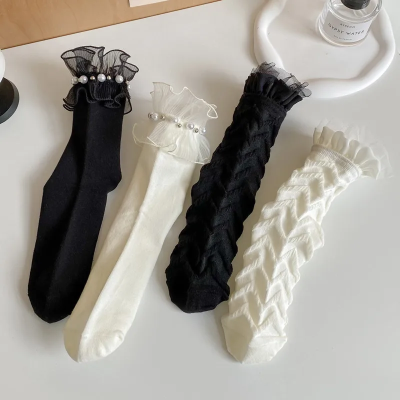 Wpmem's Summer Spring Cotton French Sweet Style JK Lace Midtube Socks Organza Fashion Wooden Ear Pile Pile Socks Pearl Stockings