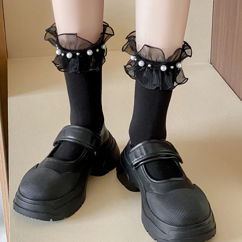 Wpmem's Summer Spring Cotton French Sweet Style JK Lace Midtube Socks Organza Fashion Wooden Ear Pile Pile Socks Pearl Stockings