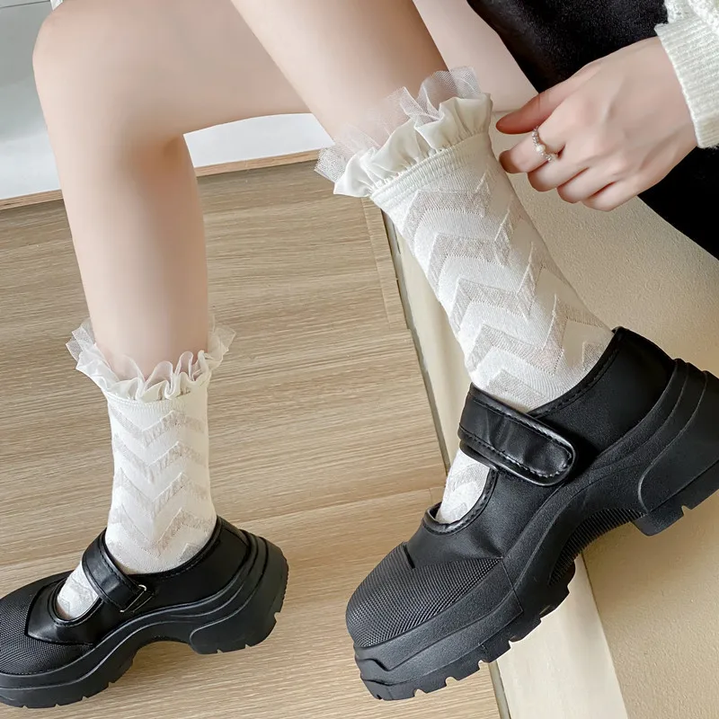 Wpmem's Summer Spring Cotton French Sweet Style JK Lace Midtube Socks Organza Fashion Wooden Ear Pile Pile Socks Pearl Stockings