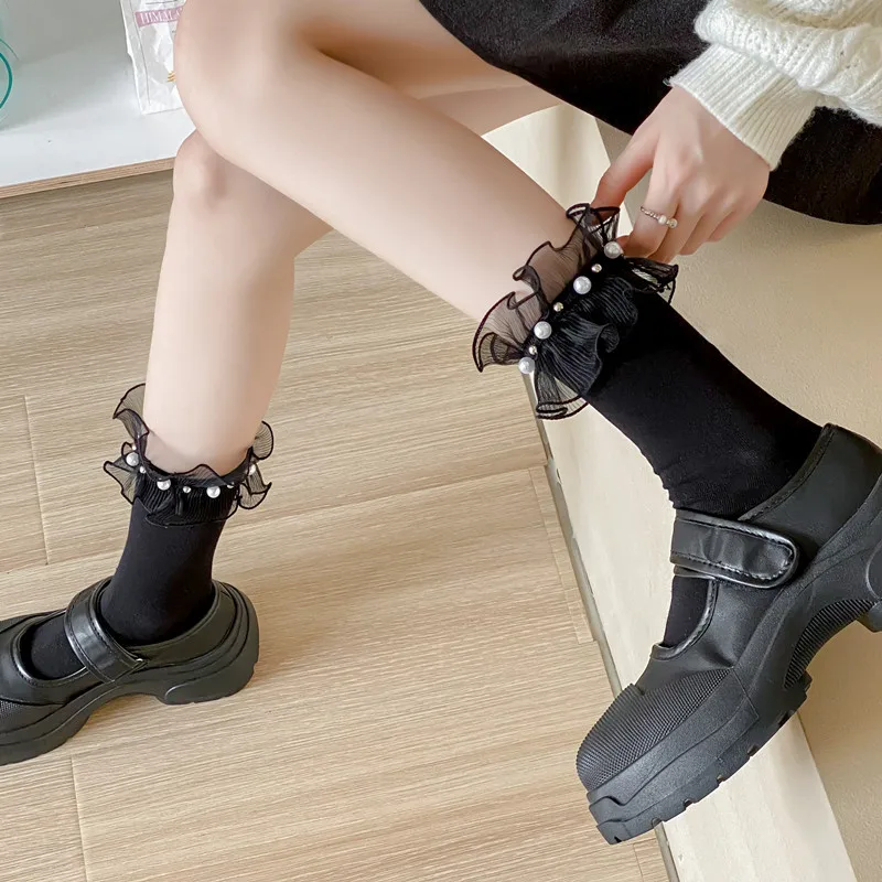 Wpmem's Summer Spring Cotton French Sweet Style JK Lace Midtube Socks Organza Fashion Wooden Ear Pile Pile Socks Pearl Stockings
