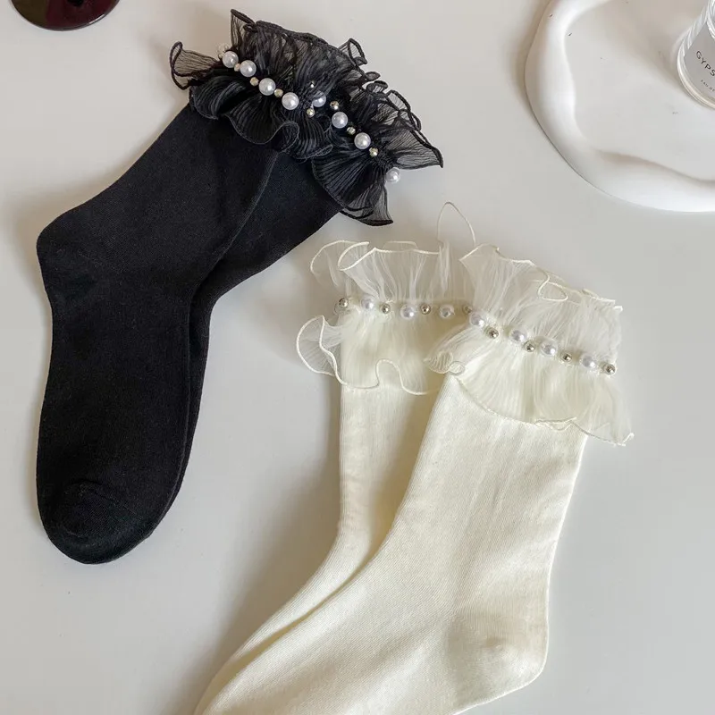 Wpmem's Summer Spring Cotton French Sweet Style JK Lace Midtube Socks Organza Fashion Wooden Ear Pile Pile Socks Pearl Stockings