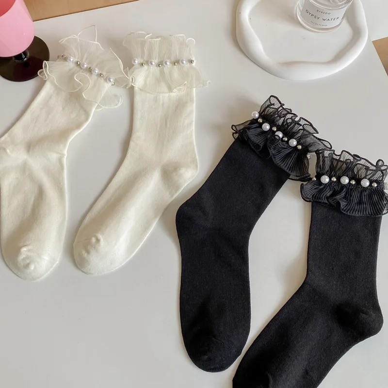 Wpmem's Summer Spring Cotton French Sweet Style JK Lace Midtube Socks Organza Fashion Wooden Ear Pile Pile Socks Pearl Stockings